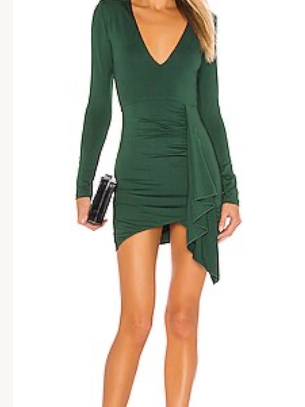 superdown Deep Emerald Long-Sleeve V-Neck Ruffle Mini Dress